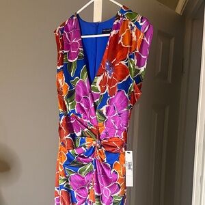Maggy London Blue Floral Twist-Front Midi Dress with Purple & Orange Blooms
